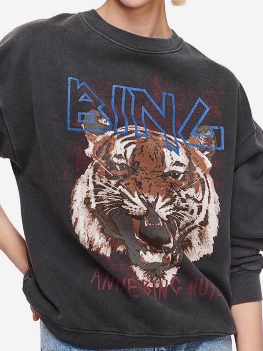 Anine Bing Black Crewneck Sweatshirt with Tiger Graphic